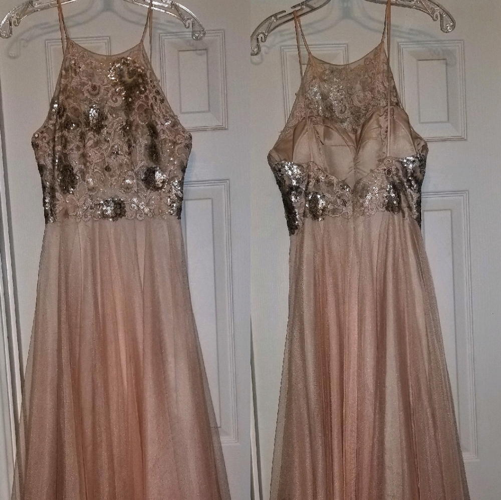 Tea length silver sequin and light pink dress